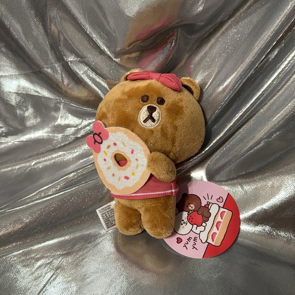 Line Friends Mini 6” Plush CHOCO Beige Bear Doll Pink Bow Holding Felt Donut - Picture 2 of 5